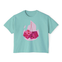 Printify eco-friendly women boxy tee in light blue with pink flaming dice graphic on front