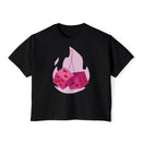 Black eco-friendly women boxy tee from Printify featuring pink dice with heart patterns design