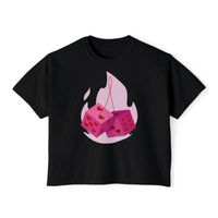 Black eco-friendly women boxy tee from Printify featuring pink dice with heart patterns design