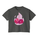 Printify eco-friendly women boxy tee in dark gray with pink dice and heart design