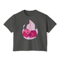 Printify eco-friendly women boxy tee in dark gray with pink dice and heart design