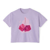 Printify eco-friendly women boxy tee in light purple with pink dice and heart design