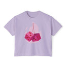Printify eco-friendly women boxy tee in light purple with pink dice and heart design