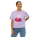 Printify eco-friendly women boxy tee in lavender with pink dice graphic worn by smiling model