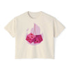 Printify eco-friendly women boxy tee in cream with pink dice and heart graphic design