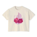 Printify eco-friendly women boxy tee in cream with pink dice and heart graphic design