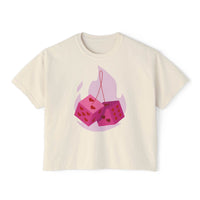 Printify eco-friendly women boxy tee in cream with pink dice and heart graphic design