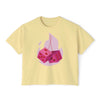 Printify eco-friendly women boxy tee in light yellow with pink dice and heart design
