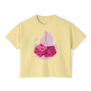Printify eco-friendly women boxy tee in light yellow with pink dice and heart design
