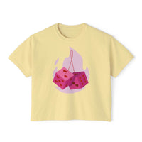 Printify eco-friendly women boxy tee in light yellow with pink dice and heart design