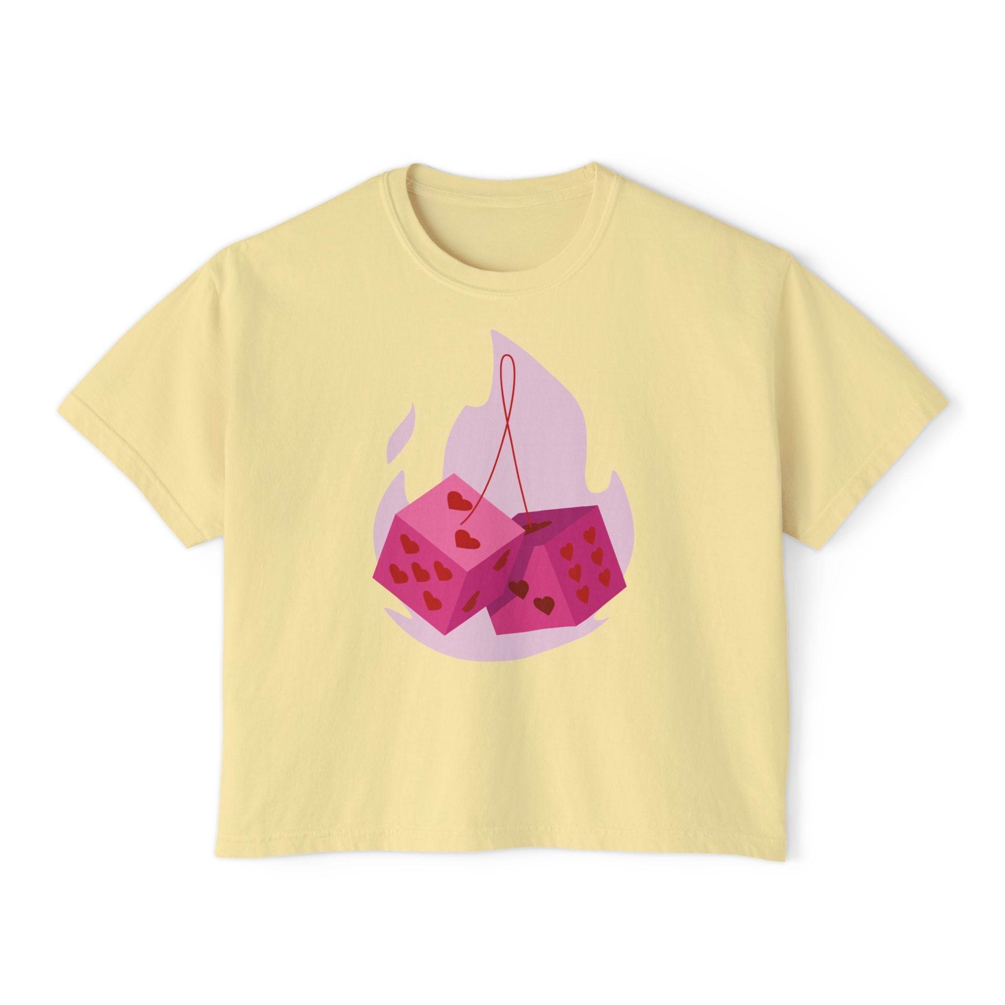 Printify eco-friendly women boxy tee in light yellow with pink dice and heart design