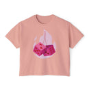 Printify eco-friendly women boxy tee in pink with dice and heart graphic design