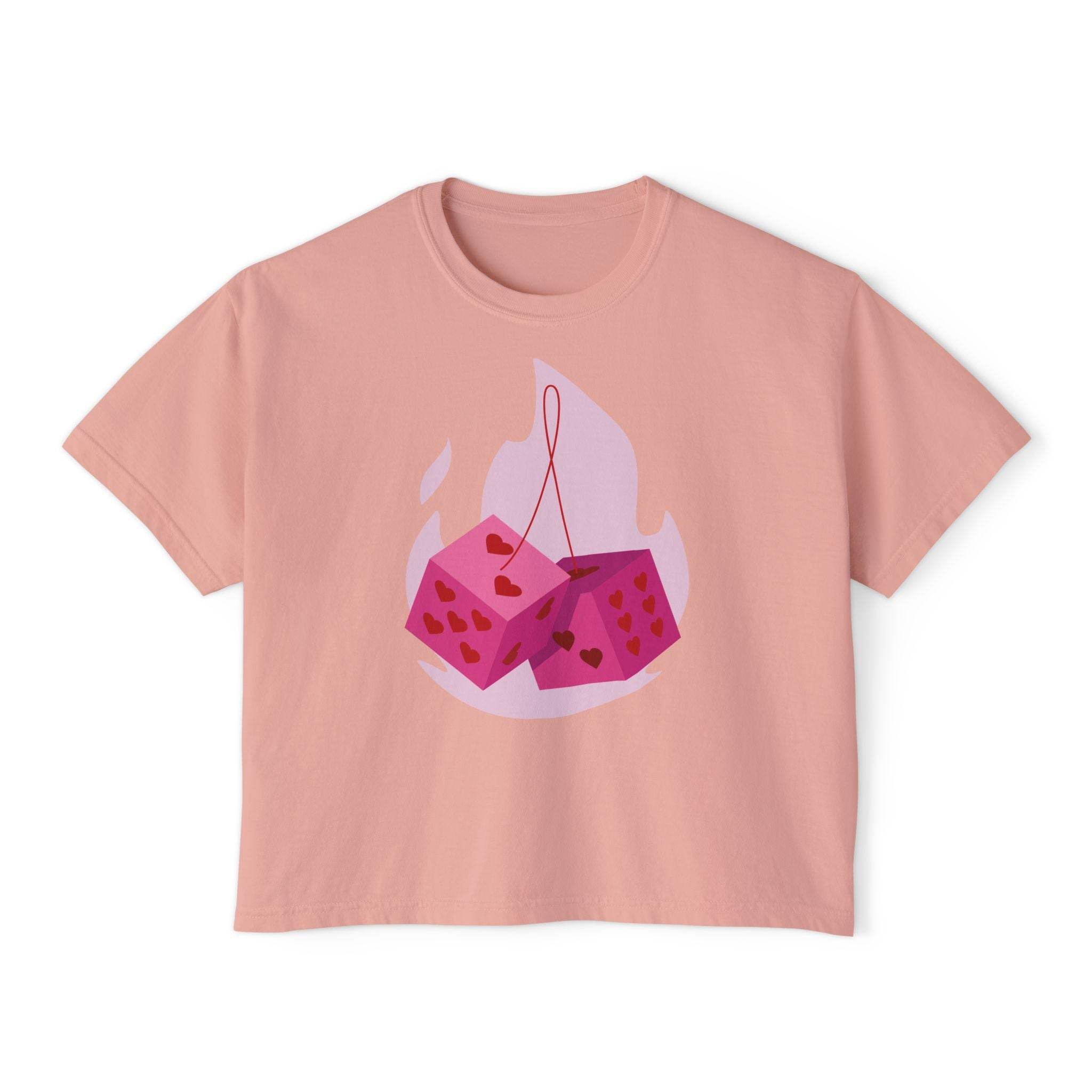 Printify eco-friendly women boxy tee in pink with dice and heart graphic design