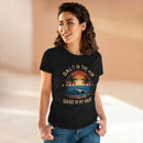 Eco-friendly women's cotton tee by Printify featuring a beach sunset graphic with palm trees and ocean waves