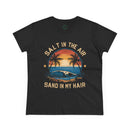 Printify eco-friendly women's cotton tee in black with sunset beach graphic and text salt in the air sand in my hair
