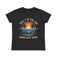 Printify eco-friendly women's cotton tee in black with sunset beach graphic and text salt in the air sand in my hair