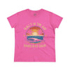 Pink eco-friendly women's cotton tee from Printify with sunset beach graphic and text salt in the air sand in my hair