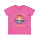 Pink eco-friendly women's cotton tee from Printify with sunset beach graphic and text salt in the air sand in my hair
