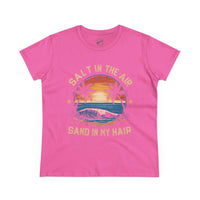 Pink eco-friendly women's cotton tee from Printify with sunset beach graphic and text salt in the air sand in my hair