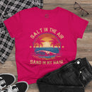 Eco-friendly women's cotton tee in pink with sunset beach graphic and Salt in the Air Sand in My Hair text