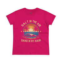 Printify eco-friendly women's cotton tee in bright pink with Salt in the Air beach graphic