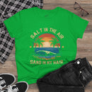 Green eco-friendly women's cotton tee by Printify with beach wave and palm tree design