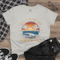 Printify eco-friendly women's cotton tee with beach sunset graphic and Salt in the Air design