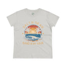 Printify eco-friendly women's cotton tee with beach sunset and palm tree design