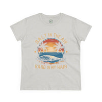Printify eco-friendly women's cotton tee with beach sunset and palm tree design