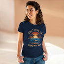 Eco-friendly women's cotton tee by Printify in navy with beach sunset graphic and text Salt in the Air Sand in My Hair