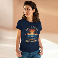 Eco-friendly women's cotton tee by Printify in navy with beach sunset graphic and text Salt in the Air Sand in My Hair