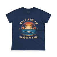 Printify eco-friendly women's cotton tee in navy with sunset beach graphic and text salt in the air sand in my hair