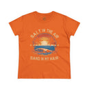 Printify eco-friendly women's cotton tee in orange with beach sunset and ocean wave design