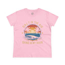 Printify eco-friendly women's cotton tee in pink with beach sunset and palm tree graphic