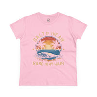 Printify eco-friendly women's cotton tee in pink with beach sunset and palm tree graphic
