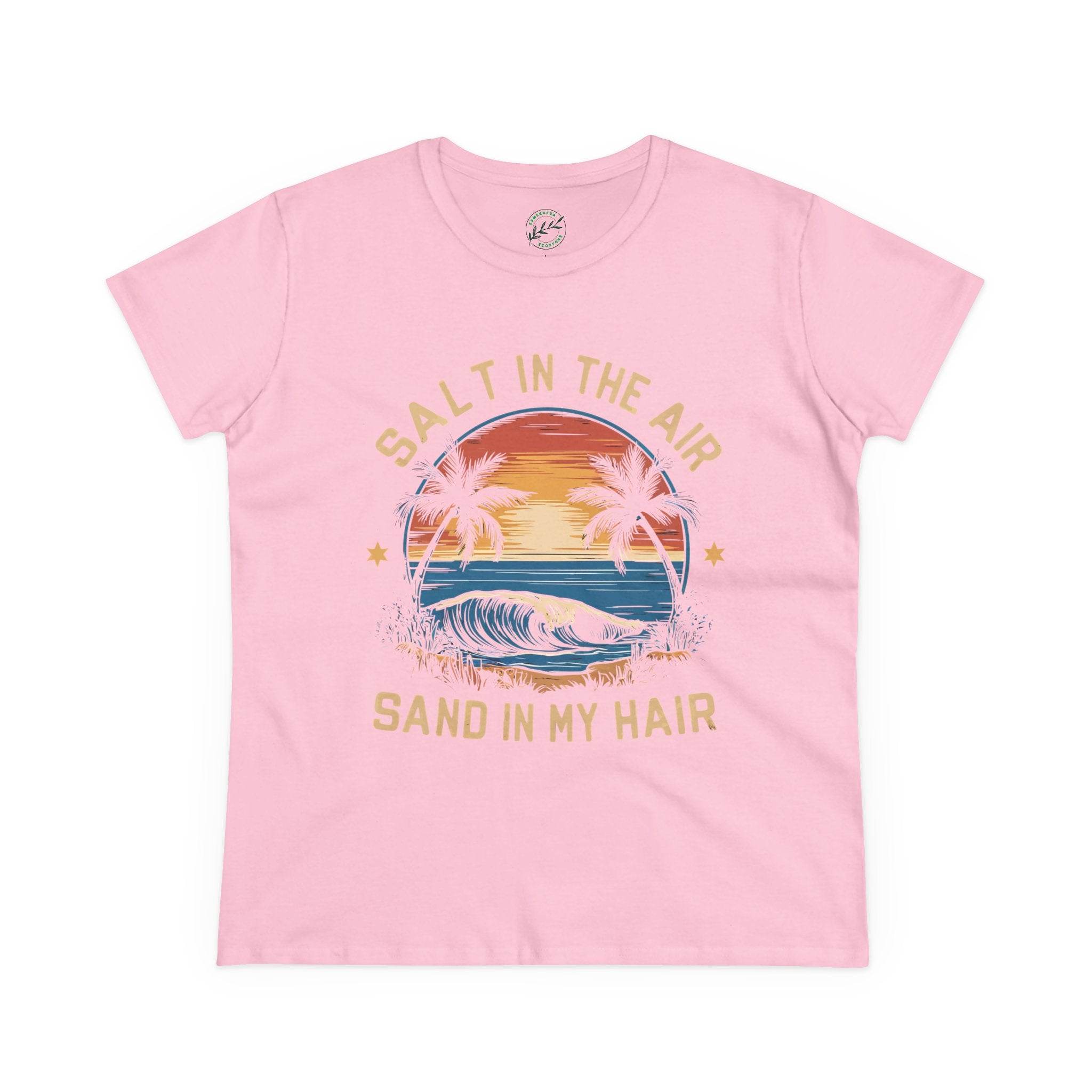 Printify eco-friendly women's cotton tee in pink with beach sunset and palm tree graphic