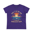 Printify eco-friendly women's cotton tee in purple with vintage beach sunset and surf design