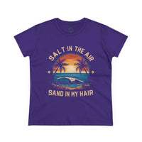 Printify eco-friendly women's cotton tee in purple with vintage beach sunset and surf design
