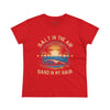 Red eco-friendly women's cotton tee by Printify featuring beach sunset and palm tree graphic with text