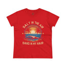 Red eco-friendly women's cotton tee by Printify featuring beach sunset and palm tree graphic with text