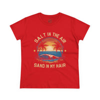 Red eco-friendly women's cotton tee by Printify featuring beach sunset and palm tree graphic with text