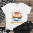 Printify eco-friendly women's cotton tee with beach sunset and wave graphic lightweight casual top