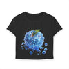 Printify black eco friendly womens crop top with blue water droplet graphic design