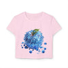 Pink eco friendly womens crop top with blue water bubble apple design by Printify