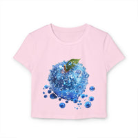Pink eco friendly womens crop top with blue water bubble apple design by Printify