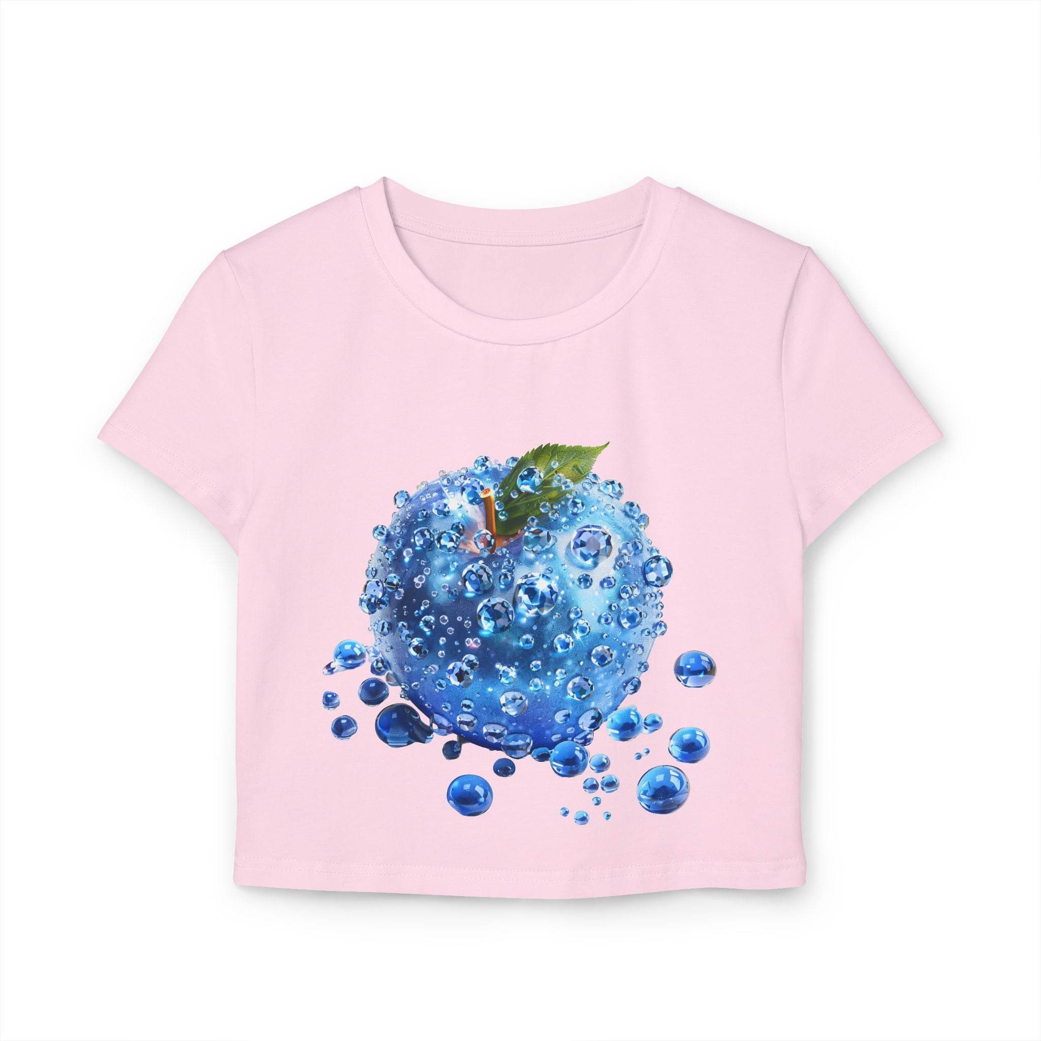 Pink eco friendly womens crop top with blue water bubble apple design by Printify