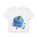 Printify white eco friendly womens crop top with blue berry and water droplet design