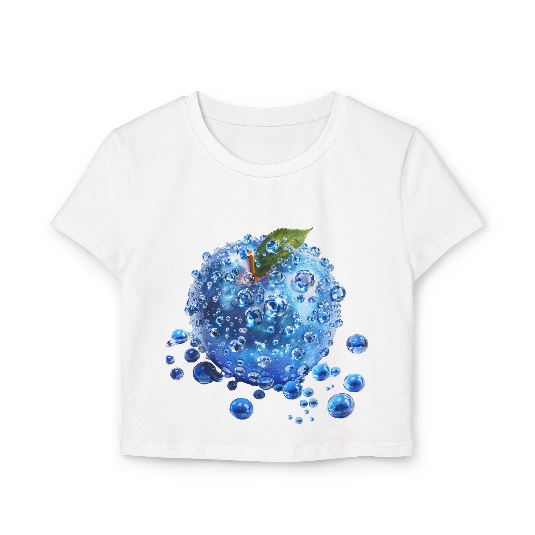 Printify white eco friendly womens crop top with blue berry and water droplet design