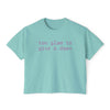 Printify eco-friendly women's graphic tee in light blue with too glam to give a dawn text