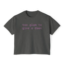Printify eco-friendly women's graphic tee in dark gray with pink text saying too glam to give a dawn